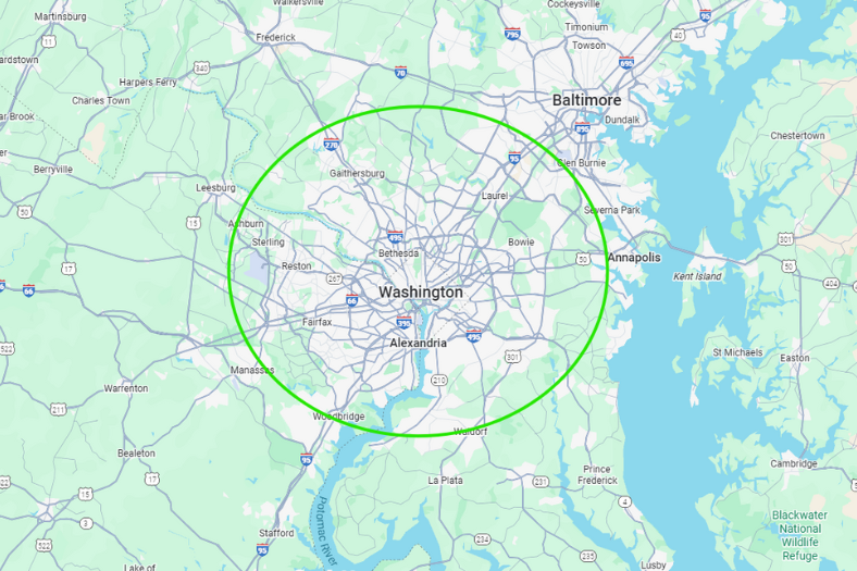 DMV Home Inspection Service Area Map covering DC, Maryland, and Northern Virginia, with extended travel options